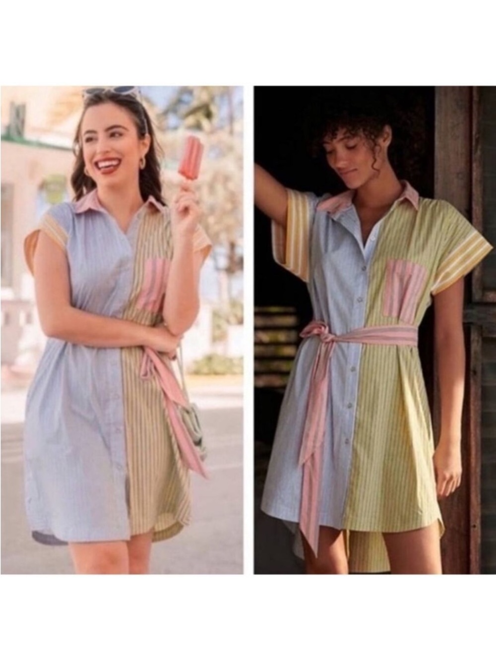 Anthropologie Maeve Toni Colorful Pastel Button Down Cotton Tunic Shirt Dress